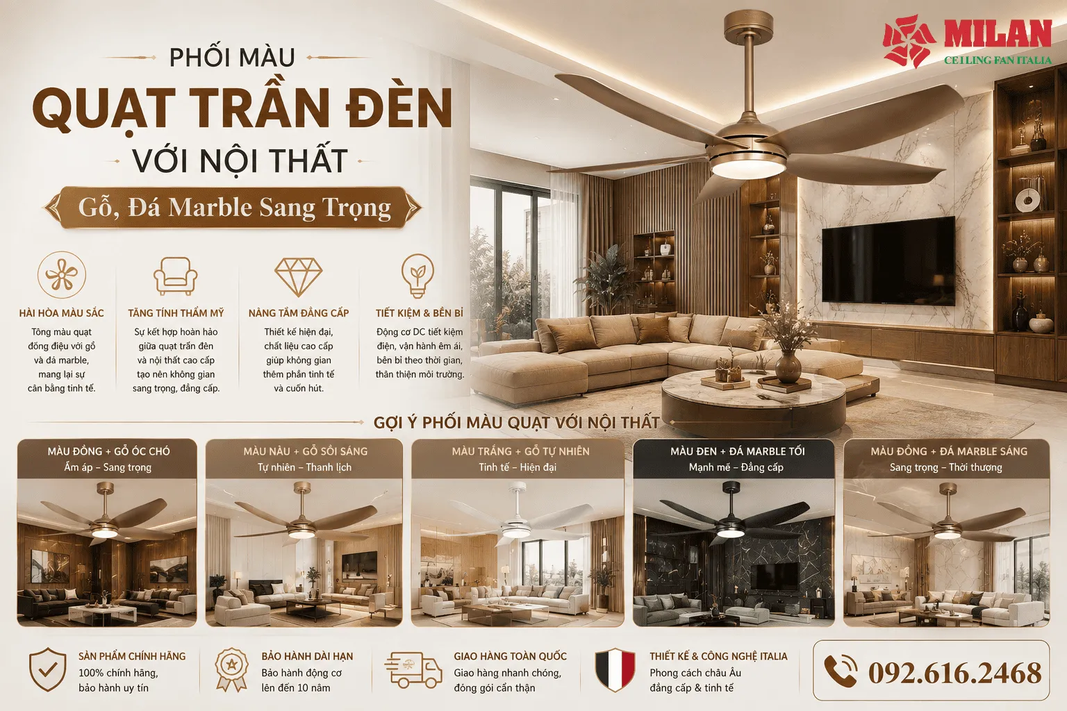Phối Màu Quạt Trần Đèn Với Nội Thất Gỗ, Đá Marble Sang Trọng